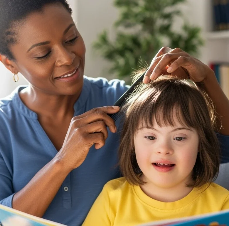 Nurse brushing disabled girls hair